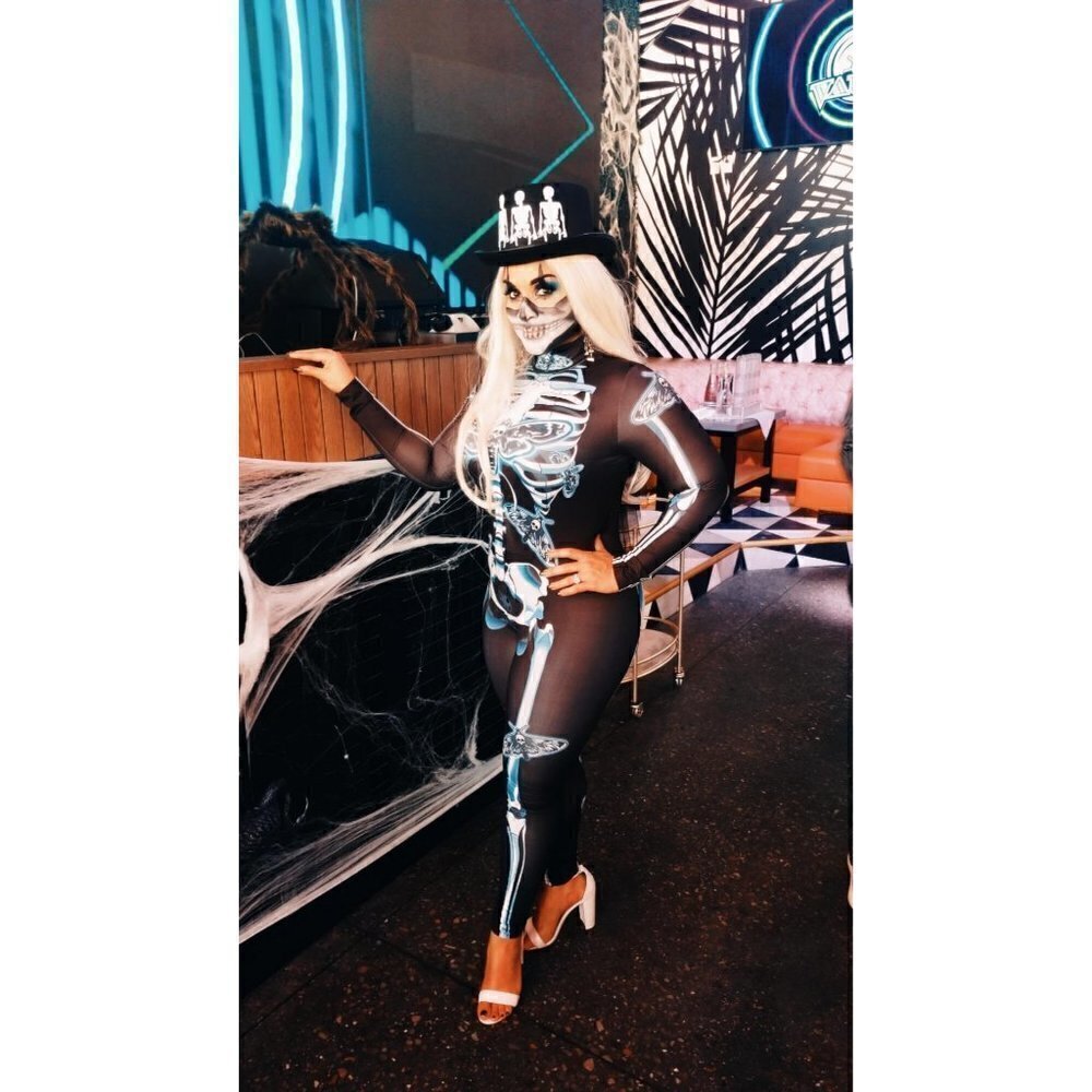 3D White Skeleton Halloween Costume Cosplay Jumpsuit Bodysuit Long Sleeve NWT